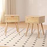 GRAVFORCE Nachttisch Rattan 2er Set Beistelltisch mit Schublade Holzbeine Nachtkommode Sofatisch Nachtkommode für Schlafzimmer Wohnzimmer