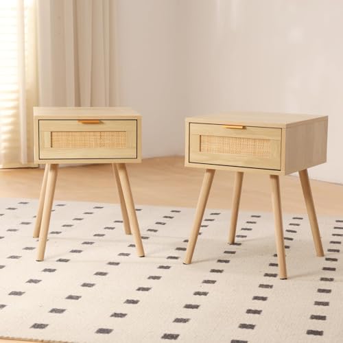 GRAVFORCE Nachttisch Rattan 2er Set Beistelltisch mit Schublade Holzbeine Nachtkommode Sofatisch Nachtkommode für Schlafzimmer Wohnzimmer