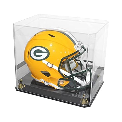 DisplayGifts Pro UV Football Helmet Display Case Stand fits Adult Size Baseball Helmet Ice Hockey Helmet Motorcycle Helmet Football Helmet, Showcase with Gold Risers, One Piece No Assembly Required Cover