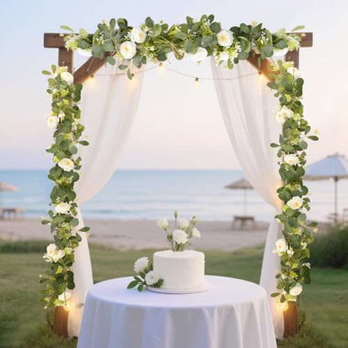6Ft Artificial Eucalyptus Flower Garland,Flower Garlands with 6 White Roses,Eucalyptus Garland with Flowers Use for Wedding/Table/Backdrop/Arch Birthday Party Indoor Outdoor Decor