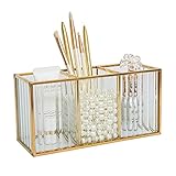 SLHEQING Make up Organizer, Pinselhalter, Stifthalter, Glas und Messing Schreibtisch Organizer, Kosmetik Aufbewahrung für Pinsel, Eyeliner, Lippenstift (Gold C)
