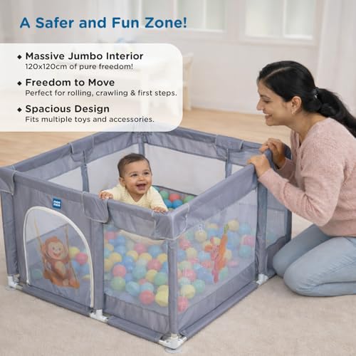 Image of Mee Mee Fun Zone Mini Portable Baby Playpen with Breathable Mesh Walls | 120x120 cm Baby Play Yard with Soft Fabric Padding, Rounded Edges & Tool-Free Assembly | Ball Pit Ready with 50 Balls (1+ Years)