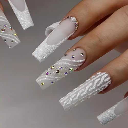 MISUD Press on Nails - Long Square Glue on Nails with White, Acrylic Wedding Bride Design 24 pcs