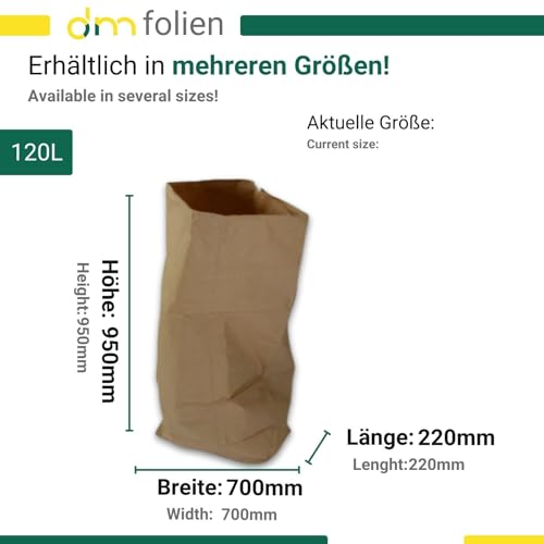 dm-folien Bio-Müllsäcke 120 Liter I Braune Bioabfallsäcke aus Papier I Nass- & reißfeste Müllbeutel für kompostierbare Abfälle, Gartenabfälle & Biotonnen I Kompostierbare Papiermüllbeutel