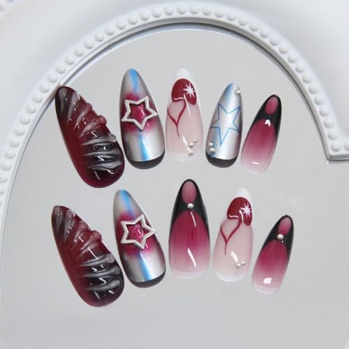 Image of Press on Nails Medium Almond Fake Nails Star Nail Press ons Ombre Glue on Nails Ripple False Nail with Metal Design Glossy Full Cover Artificial Acrylic Stick on Nail foe Women Girls Manicure 24Pcs