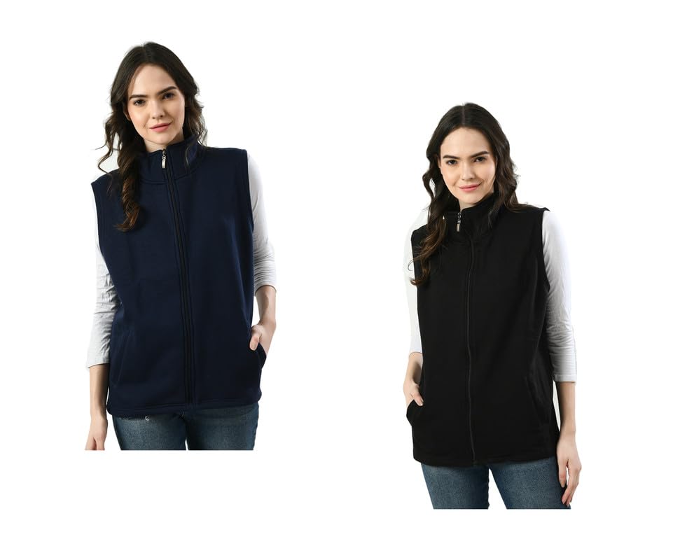 Women Solid Fleece Warm Zipper Sleeveless Jacket for Winters (Pack of 2)