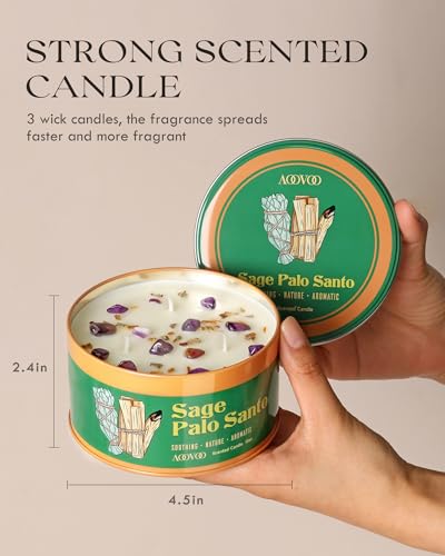 Image of AOOVOO 2 Pack Sage & Palo Santo Candles for Cleansing - 3 Wick 12oz Large Scented Candle with Amethyst Crystals, Sage & Palo Santo Inside, Non-Toxic Soy Candles for Meditation Spiritual Healing Gift