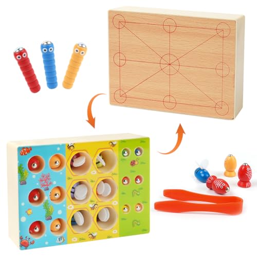 Vicloon Jeu de pêche Magnetique, Jouets en Bois Jeu de pêche, Jeux Montessori avec 1 Agrafe et 1 Cannes à Pêche, 4 en 1 Educatif Jouet, Cadeau Garçon Fille, Jeux Enfants Cadeau 2-5 Ans