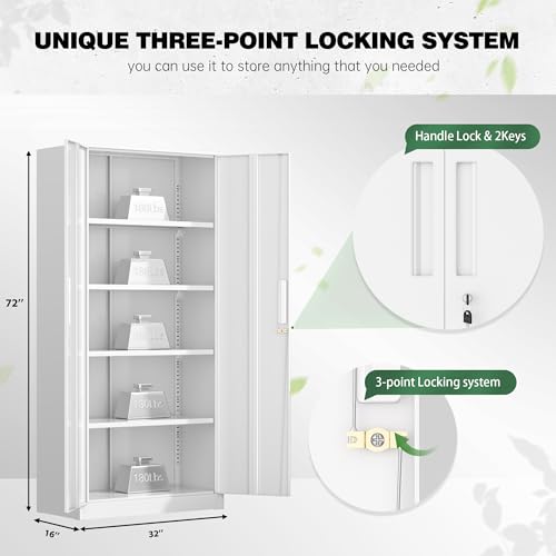 Image of Greenvelly Metal Garage Storage Cabinet,Steel Lockable Storage Cabinet with 2 Doors and 4 Adjustable Shelves,Tall Metal Cabinet Locking File Cabinet for Office,Home, Garage, Gym, School