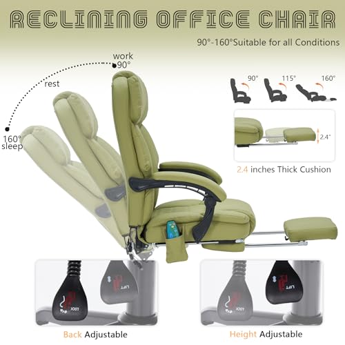 Image of Massage Office Chair with Foot Rest 6 Points Vibration and Heat Home Office Desk Chairs for Heavy People 400lbs Reclining Managerial Chairs Ergonomic Executive Chair (Green)