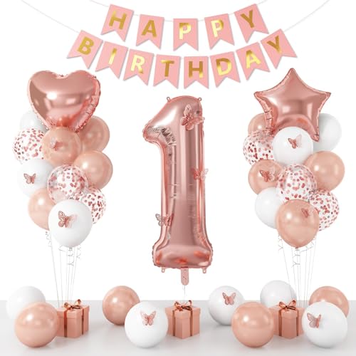 1st Birthday Decoration for Girls, Rose Gold 1st Birthday Balloon, Rose Gold Number 1 Balloon with Butterfly Stickers, Star Heart Foil Balloons Banner Set for Baby 1 Year Old Birthday Party Decor