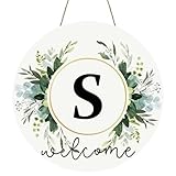 Monogram Letter S Wooden Welcome Sign for Front Door Decor Floral Family Last Name Initial House Warming Decor Spring Summer Wreath for Porch Rustic Wall Home Decor