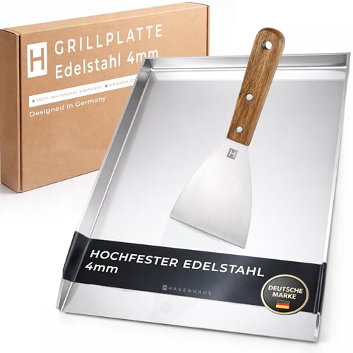 𝗛𝗔𝗩𝗘𝗡𝗛𝗔𝗨𝗦 Plancha Grillplatte Edelstahl [40x30cm] I Massive Grillplatte 4mm Plancha Grillplatte Gasgrill & Kohlegrill I Edelstahl Plancha 100% verzugsfrei I Edelstahlplatte Grill 4.2kg schwer