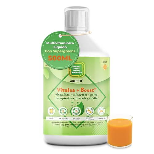 Multivitaminico Liquido Con Supergreens Polvo de Espirulina Brocoli y Alfalfa Para Energia Inmunidad Concentracion Vitaminas B12 C D3 B6 B1 E Zinc Magnesio Natural Mujer Hombre 500ml Sabor Naranja