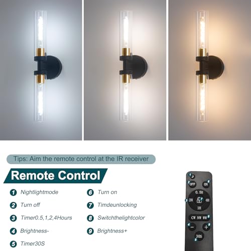 Image of Battery Operated Wall Sconces, Wall Sconce Set of 2, 3000K-6500K Black Rechargeable Wall Lamp with Remote, Indoor Non-Hardwired Wall Lamps, Modern Vanity Light for Bedroom, Living Room, Aisle
