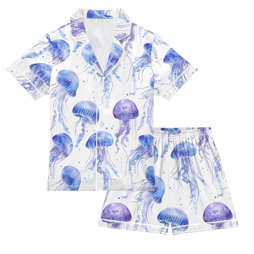 Watercolor Charming Jellyfish Pattern Summer Satin Pajama Set, Cute Button-Down Sleepwear Pj Set for Sleep Wears