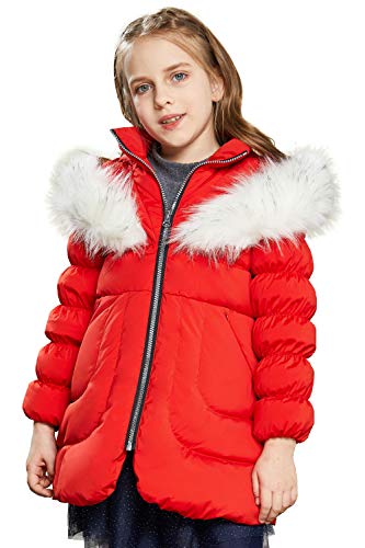 Orolay Girl's Hooded Winter Down Coat Puffer Jacket with Faux Fur Trim High Risk Red 110cm
