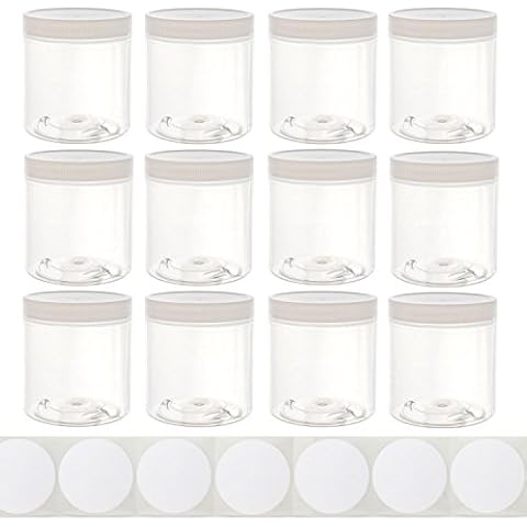 8oz Plastic Wide-Mouth Storage Jars (12 pack) - Large straight-sided clear empty refillable food-grade BPA-free PET containers with white screw-on lids - 70mm 70-400 70/400 Made in the USA Cover