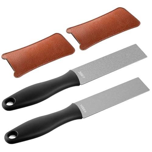 Feekoon 2 Pcs Dual Grit Diamond Sharpening Stone File Coarse 300# /Extra Fine 1000# Grit with Leather Sleeve Garden Tool Blade Sharpener for Knife, Axe, Lawn Mower Blade, Shears, Chisel Spade(Black)