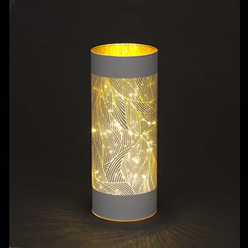 SHATCHI 20cm Christmas Decorated Vase Table Lamp Etched Glass Tube Feather Design Silver Cylinder LED Fairy Lights Battery Operated