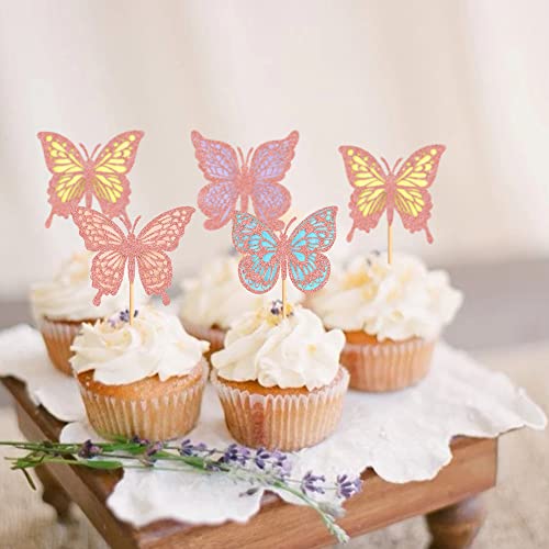 Cyodoos Pack Of 24 Butterfly Cupcake Toppers Double Layers 3D Butterfly Baby Shower Cupcake Picks Decorations For Butterfly Theme Wedding Anniversary Kids Birthday Party Supplies - Rose Gold Glitter #TOP6