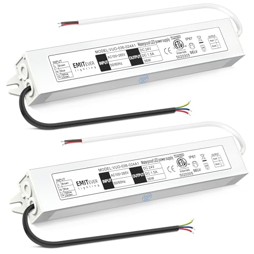 EMITEVER 24Volt LED Driver 36W 2-Pack, ETL Listed Waterproof IP67 Power Supply Low Voltage Transformer 120V AC to 24V DC Converter for LED Strip, Cabinet Tape Lights,LED Display and Outdoor Lighting