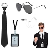 Agent Costume Set Secret Security Service Outfit Accessory Kit Includes Zipper Tie Black Sunglasses Earpiece and ID Card (1set)