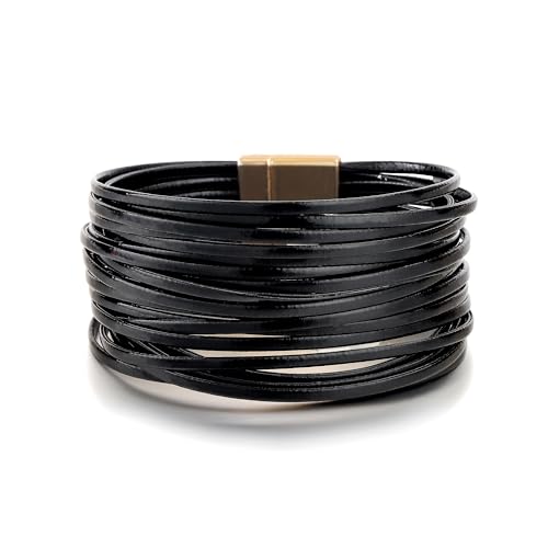 Edoneery Leather Wrap Bracelet for Women Boho Handmade Multi-Layer Cuff with Crystal Beads Heart Stackable Bangle Western Jewelry Gift(String Leather(Black))