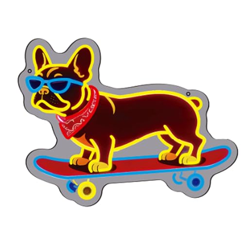 Image of French Bulldog Skateboarding Neon Sign, Skateboard Dog Frenchie Wearing Glasses Neon Signs | Dimmable LED Bulldog Wall Art Decor | Frenchie Dog Lover Gifts