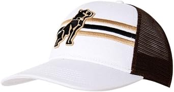 Mack Trucks Trucker Hat with Bulldog Logo, White and Brown Mesh Cap, Striped Design, Cap/Hat
