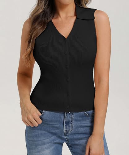 Image of Belle Poque Women's Button Down Tank Tops Summer Ribbed Vest Top Sleeveless V Neck Collared Vest Shirt Slim Fit Going Out Top
