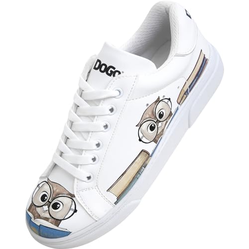 DOGO White Sneakers for Women - Handmade Women's Fashion Sneakers, Vegan Leather and Unique Design, Comfortable Shoes for Women, Ace Sneakers The Wise Owl, Size 7.5