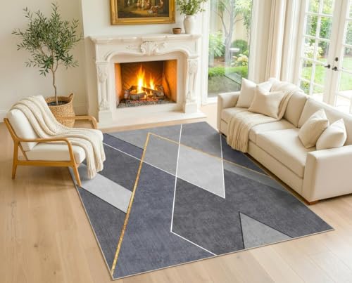Golden Gray Luxe Area Rug, 6.5×10 ft – Washable 6 mm Thick Machine‑Woven 100% Polyester Modern Floral Carpet, Soft, Non‑Slip & Fade‑Resistant, Ideal for Living Room & Bedroom