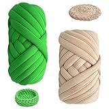 SKIKHN 2 Stück Armstricken Wolle, 500g/25m Chunky Wolle zum Handstricken, Polyester XXL Chunky Yarn, DIY Garn Strickwolle Handstrickgarn für Taschen, Decken, Tasche, DIY-Kunsthandwerk (Grün+Khaki)