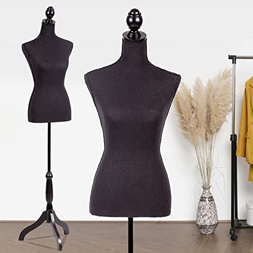 Female Mannequin Female Dress Form Manikin Body Torso with Wooden Tripod Base Stand 60-67 Inch Height Adjustable Pinnable Mannequin for Sewing Dress Jewelry Display, Black