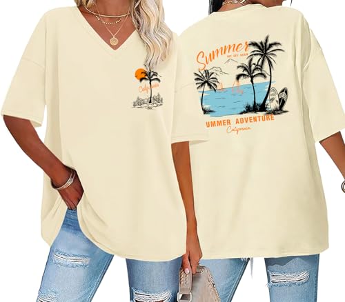 Eatbook Oversized Tshirts for Women Graphic Tees Hawaii Beach Shirts V Neck Summer Short Sleeve Casual Loose Fit Tops Apricot1 L