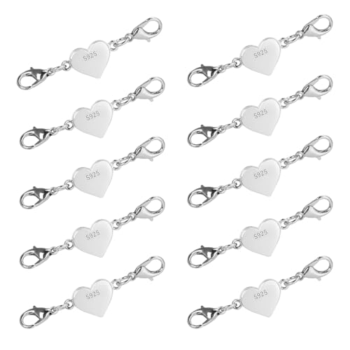 LHOEST 10PCS 925 Sterling Silver Heart Magnetic Jewelry Clasps, Bracelet Heart Shape Clasps & Closures, Double Lobster Clasps Extender for DIY Jewellery Making Necklace Chain (Silver)