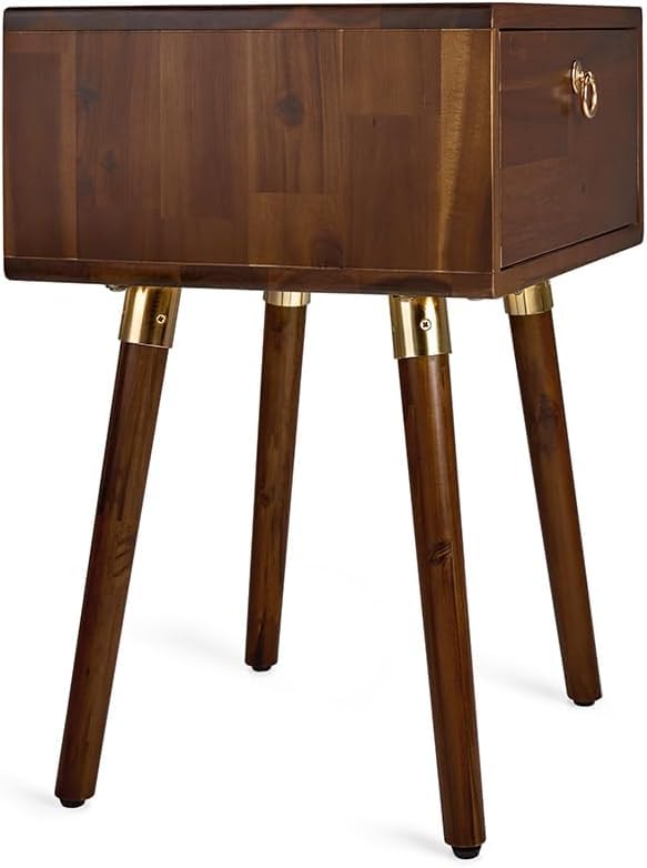Image of Bme Caden Solid Wood Nightstand /Side Table /End Table, Fully Assembled, with 1-Drawer for Mid Century Bedroom and Living Room, Dark Chocolate