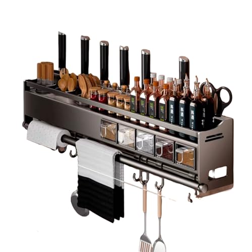GLJTUO Wall Mounted Spice Rack with Utensil & Paper Towel Holder, Hooks & Knife Storage - 68cm Metal Kitchen for Cupboard, Space-Saving Kitchen Shelf (59cm),59cm