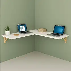 Mesa em L Suspensa para Computador e Notebook - Estilo Industrial com Prateleira e Mão Francesa de Madeira Maciça, Ideal para Home Office e Gamer(Branco)