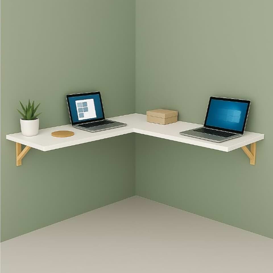 Mesa em L Suspensa para Computador e Notebook - Estilo Industrial com Prateleira e Mão Francesa de Madeira Maciça, Ideal para Home Office e Gamer(Branco)