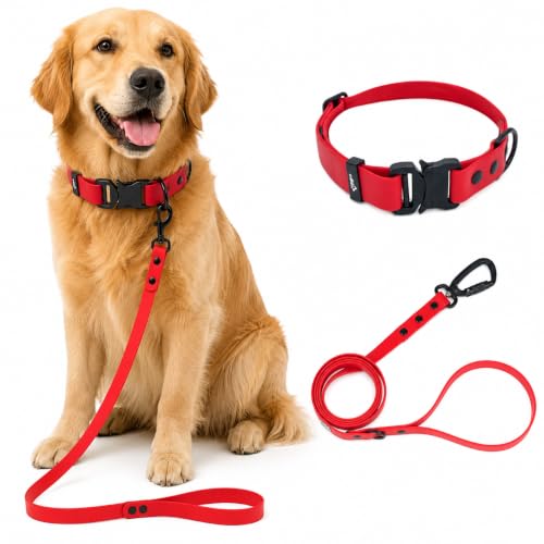 Image of Adil'S Waterproof Leash and Collar Combo Set - Adjustable & Breathable Biothane Collar with Leash Suitable for Medium & Large Size Dogs (Lease 5Ft),RED, M