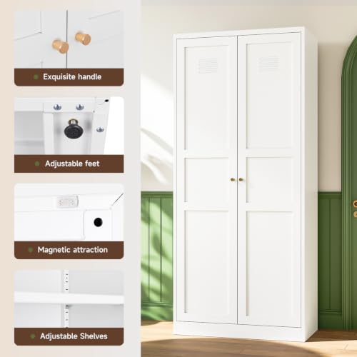 Image of Letaya White Storage Cabinet with Adjustable Shelves-Metal Home Kitchen Pantry Cabinets with Doors,Organization Locker for Cupboard /Bedroom /Dining /Living /Bathroom /Office /Garage Room