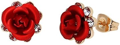Yoursfs Cubic Zirconia Stud Earrings Women Earrings Stud Post 18ct Rose Gold Fashion Jewellery Real Flower Red Rose Earrings Bridal for Pierced Ears
