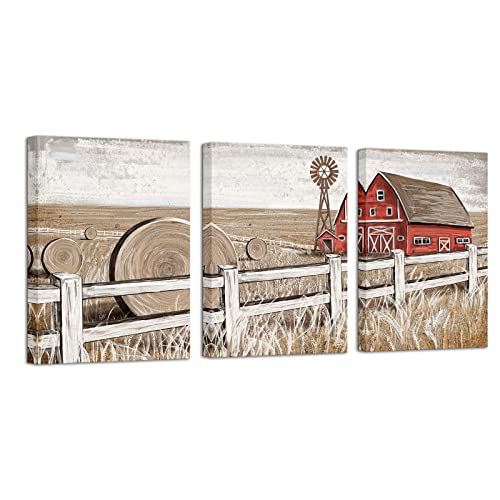VVOVV - Lienzo decorativo para pared, diseño rústico de granero, paisaje de granero, molino de viento, pintura enmarcada para galería (paneles de 12 x 16 x 3 pulgadas) Cover