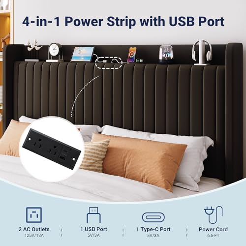Image of Allewie King Size Lift Up Storage Bed Frame,Storage Shelf Headboard with Charging Station,Type-C and USB Ports,Hydraulic Support,Velvet Upholstered Bed Frame,No Box Spring Needed,Black