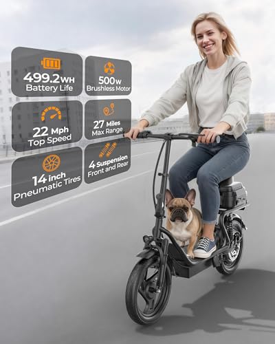 Image of Foldable Electric Scooter for Adults with Seat, 500W Motor, 22MPH, 27 Miles Range, Dual Suspension, Portable Commuter E Scooter with Storage Box, Phone Holder & Lock