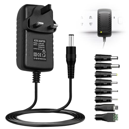 Universal UK 12V 3A Power Supply Adapter, 36W AC to DC Charger with 8 Replaceable Tips, 5.5x2.1mm Multi Plug Adapter for LED Strip Lights, Router, CCTV Camera, Baby Monitor Speakers DVD MP3/MP4