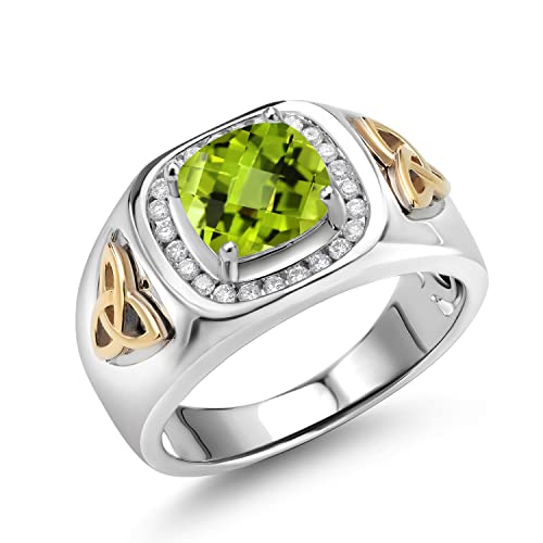 Gem Stone King Men's 925 Silver and 10K Yellow Gold Cushion Checkerboard Green Peridot and White Lab Grown Diamond Ring (2.76 Cttw, Available In Size 7, 8, 9, 10, 11, 12, 13)