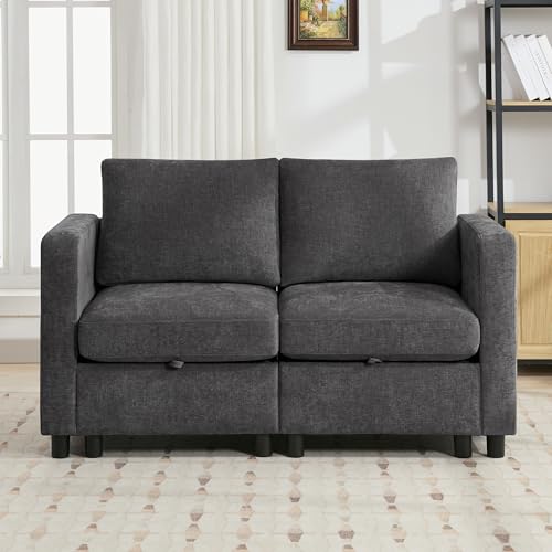 WUTUTUEE 58”Modular Sectional Loveseat Sofa, Modern Love Seat 2 Seater Sofa Couch with Storage, Chenille Modular Sectional Couch for Living Room, Bedroom, Office, Small Apartment, Dark Grey